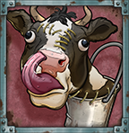 Bizarre mid symbol – stitched cartoon cow with metal bucket